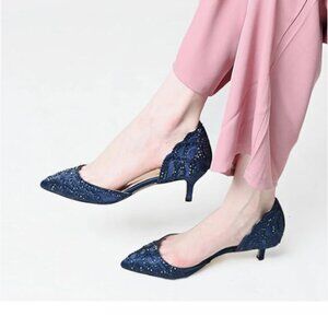 XYD Navy Elegant Pointed Toe D'Orsay Kitten Heels Rhinestone Studs Pumps